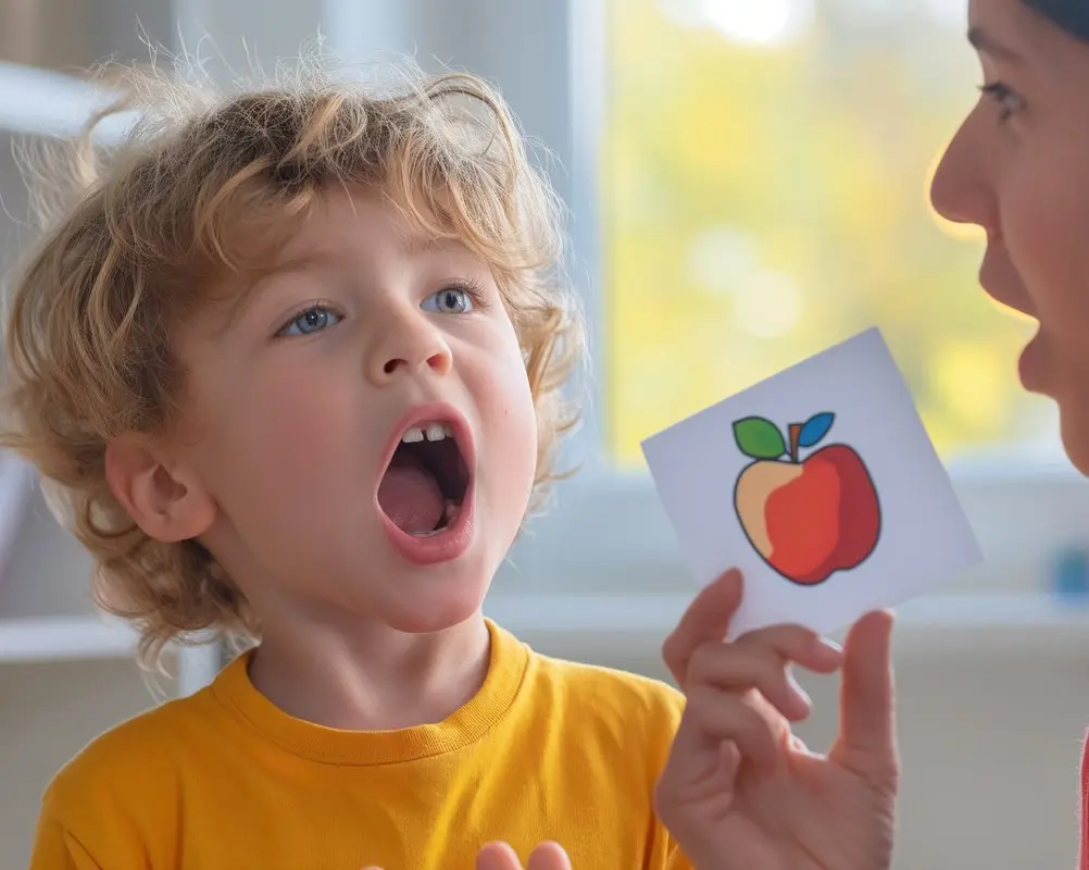 Foto eines Jungen mit offenem Mund und einer Logopädin die eine Karte mit einer Abbildung eines Apfels in der Hand hält